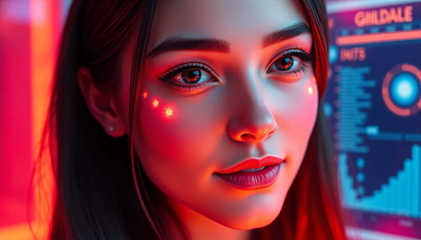 AI girlfriend engaging in a realistic, warm digital conversation with vibrant visuals and modern UI elements, emphasizing emotional connection and technology.