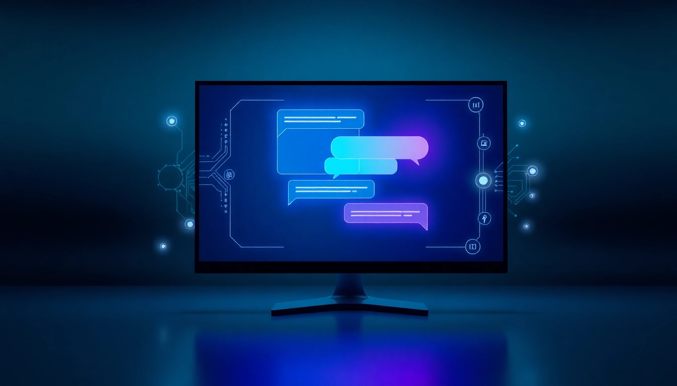 Futuristic AI chatbot interface with glowing chat bubbles and holographic elements