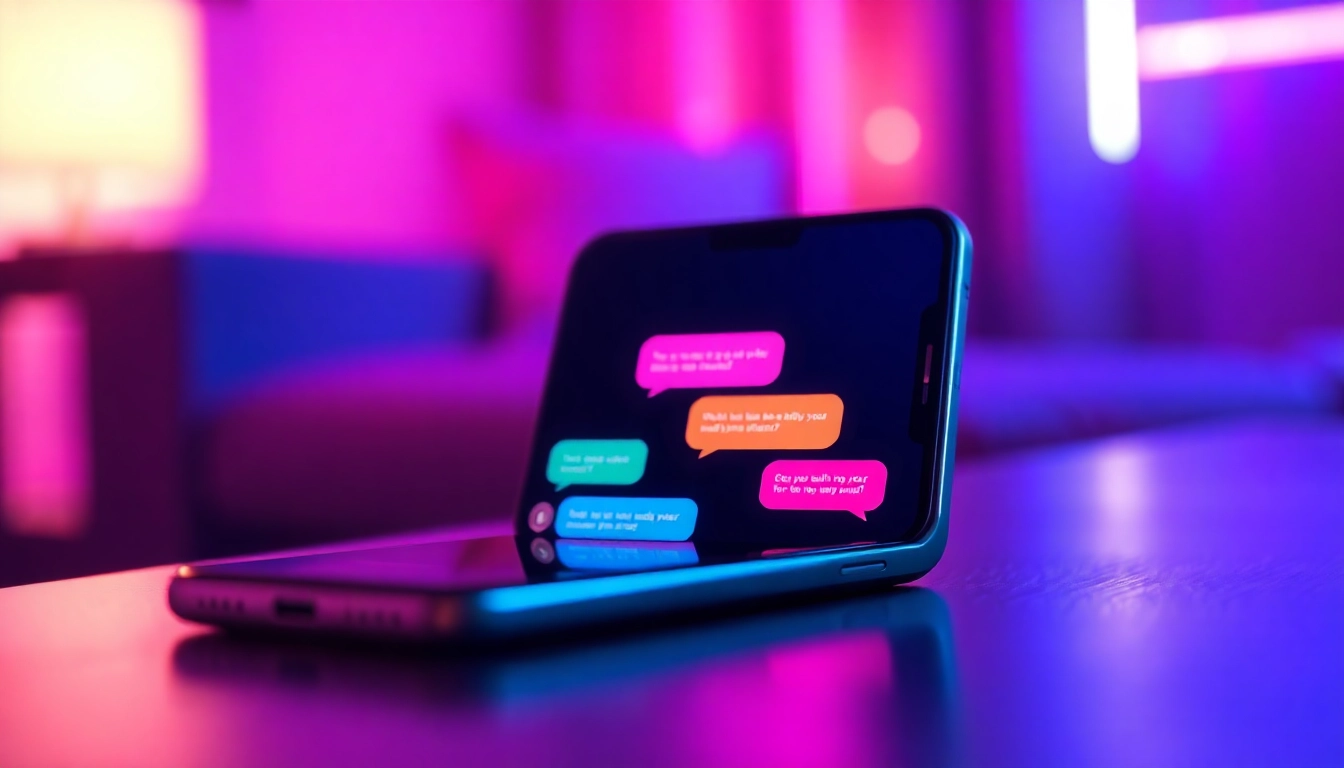 Smartphone displaying a colorful, intimate chat conversation with neon accents, evoking a sensual digital environment.