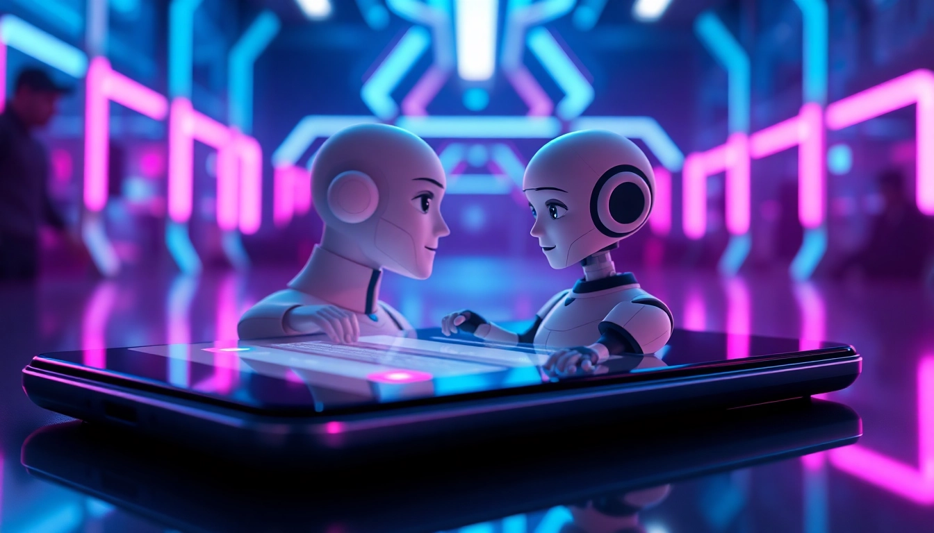 A futuristic AI chatbot interface on a device screen with a customizable AI character in a neon-lit cyber environment.