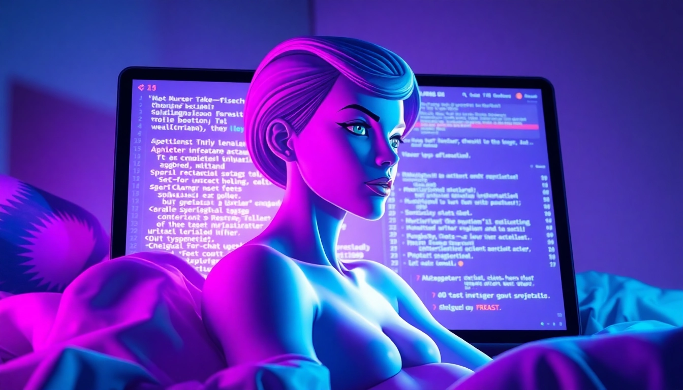 Futuristic AI chatbot interface with a sensual humanoid avatar illuminated by neon lights.