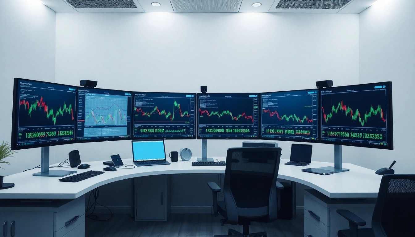 Online Trading UK platform with traders analyzing charts on multiple screens in a modern setting