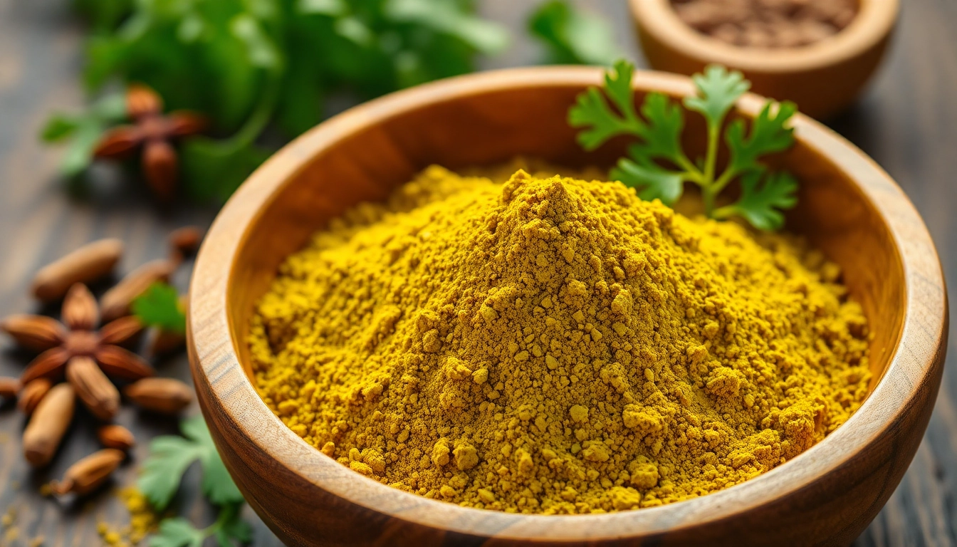 Coriander Powder in a wooden bowl with fresh coriander leaves, emphasizing quality and freshness