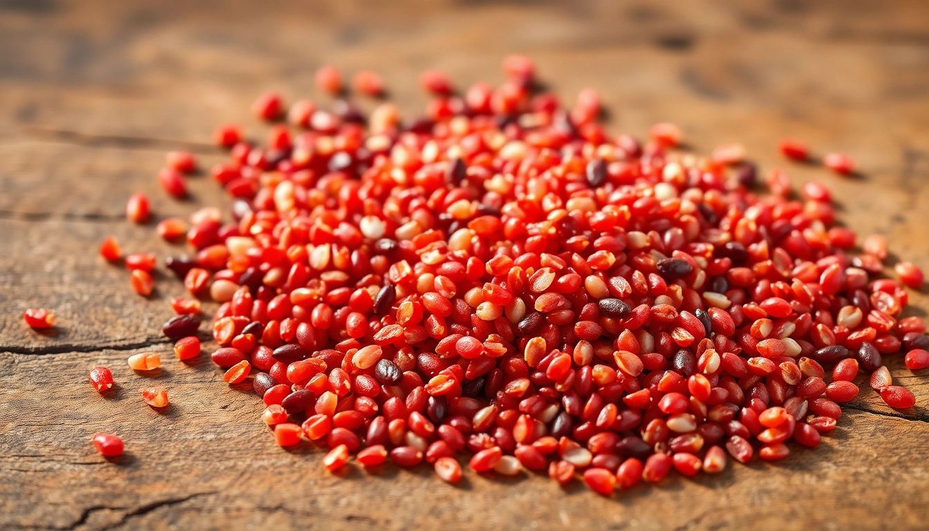 Close-up of fresh red quinoa seeds showcasing their vibrant color and textured surface for