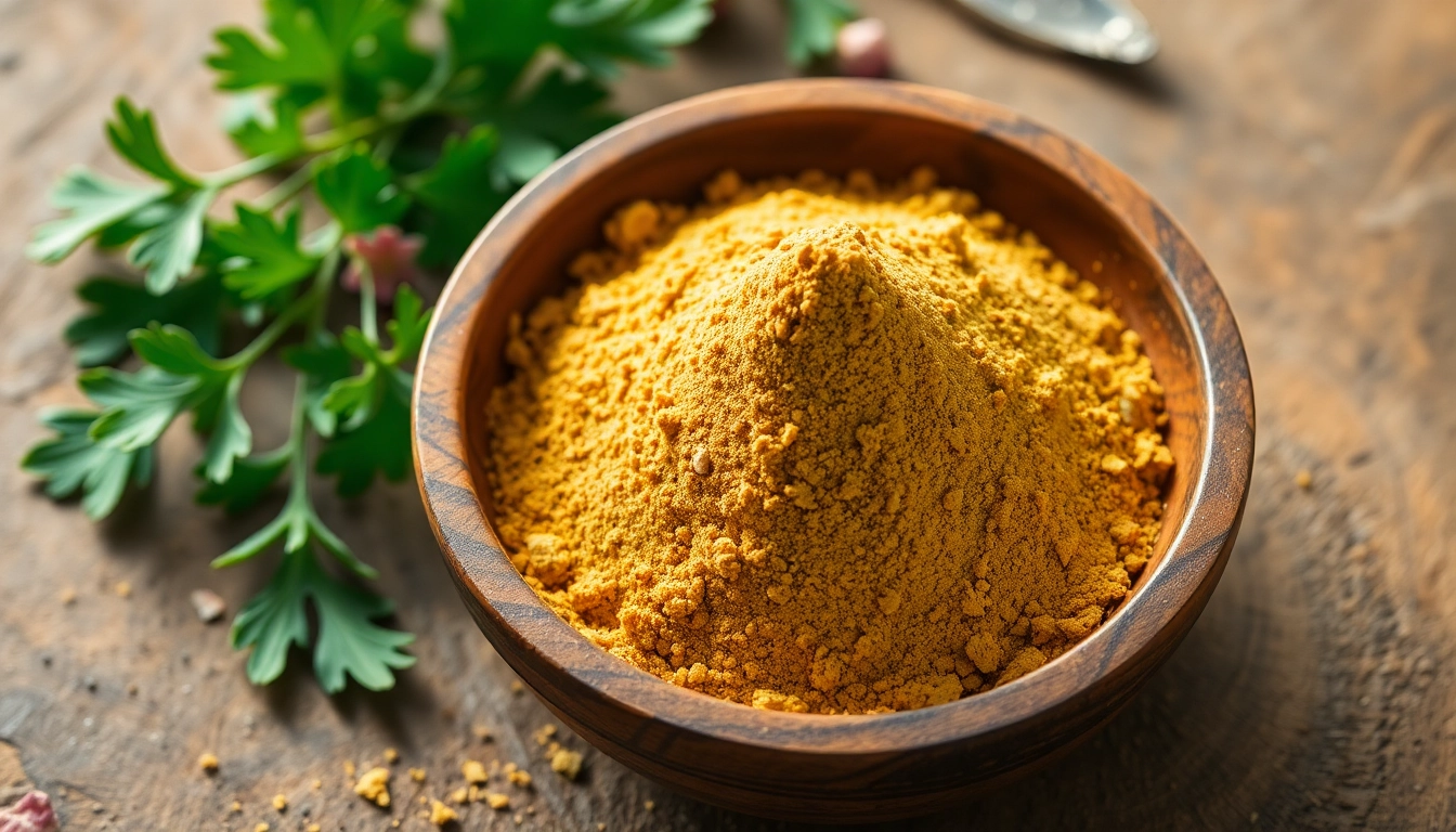 Coriander Powder in a rustic bowl with fresh herbs and spices, highlighting quality and authenticity
